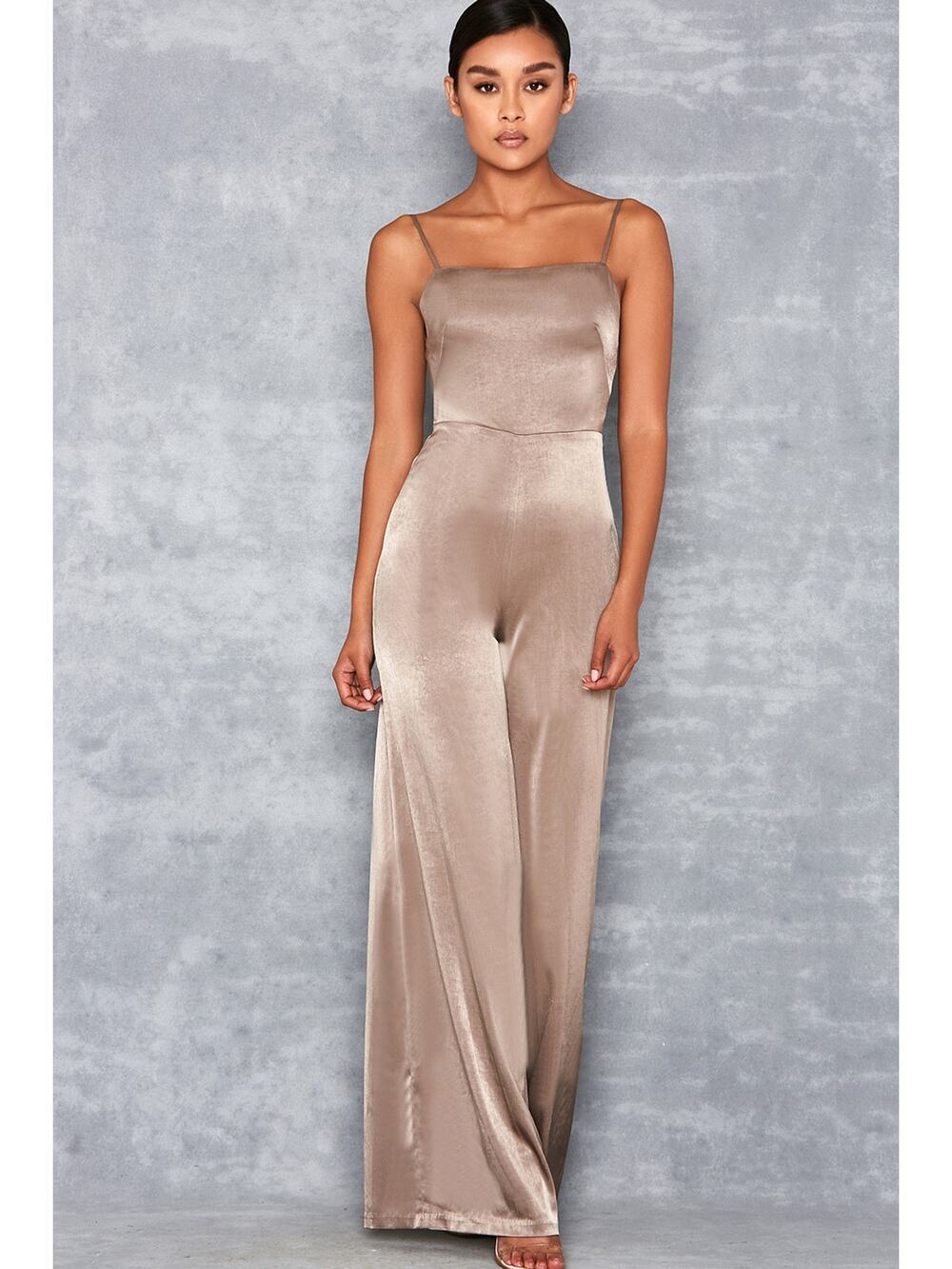 Mistress Rocks Serve It Jumpsuit Satin Sleeveless Wide Leg Khaki Size Small NEW